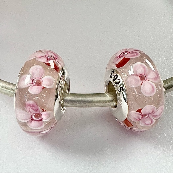 2 charms for Pandora pretty pink flower murano 925 sterling silver cores - Picture 3 of 5